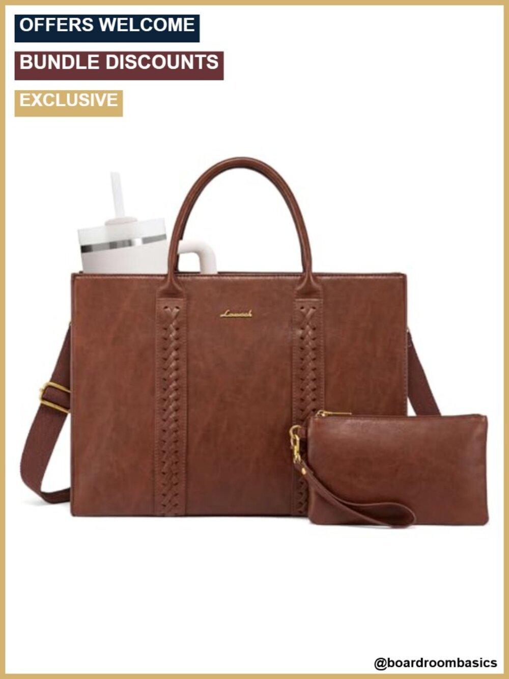 Vintage Leather Laptop Tote with Crossbody Strap - 15.6 Inch Waterproof